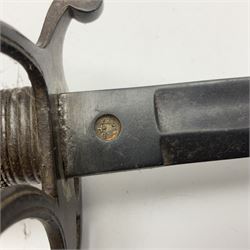 WW1 British Army 1897 Pattern Officers Sword, the 80cm fullered steel blade with traces of decoration and inscribed 'W.E. French 1914'; the basket hilt pierced with the George V cypher and wire-bound fish-skin grip L97cm overall; and WW1 British 1821 pattern Royal Artillery officer's sword with three-bar hilt; both lacking scabbard (2)