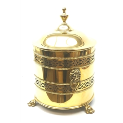  Victorian brass coal bin and cover, of cylindrical form with pierced and beaded bands, lion mask handles, on paw feet, H51cm   