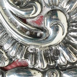 Late Victorian red leather stationery casket with divided watered silk interior, the hinged front with repousse silver mounts H19cm x W30cm London 1889 Maker William Comyns