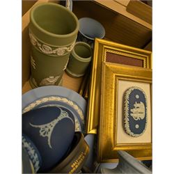 Collection of Wedgwood Jasperware, including vases, jars, framed plaques, etc and Josiah Wedgwood figure