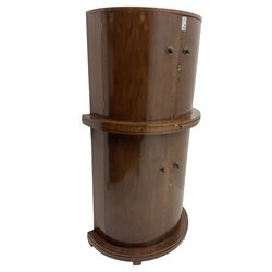 1930s Art Deco walnut demi-lune cocktail cabinet, enclosed by four curved doors, the upper section with mirrored interior, glass shelf and glass holders, the lower section fitted with shelves and bottle holders