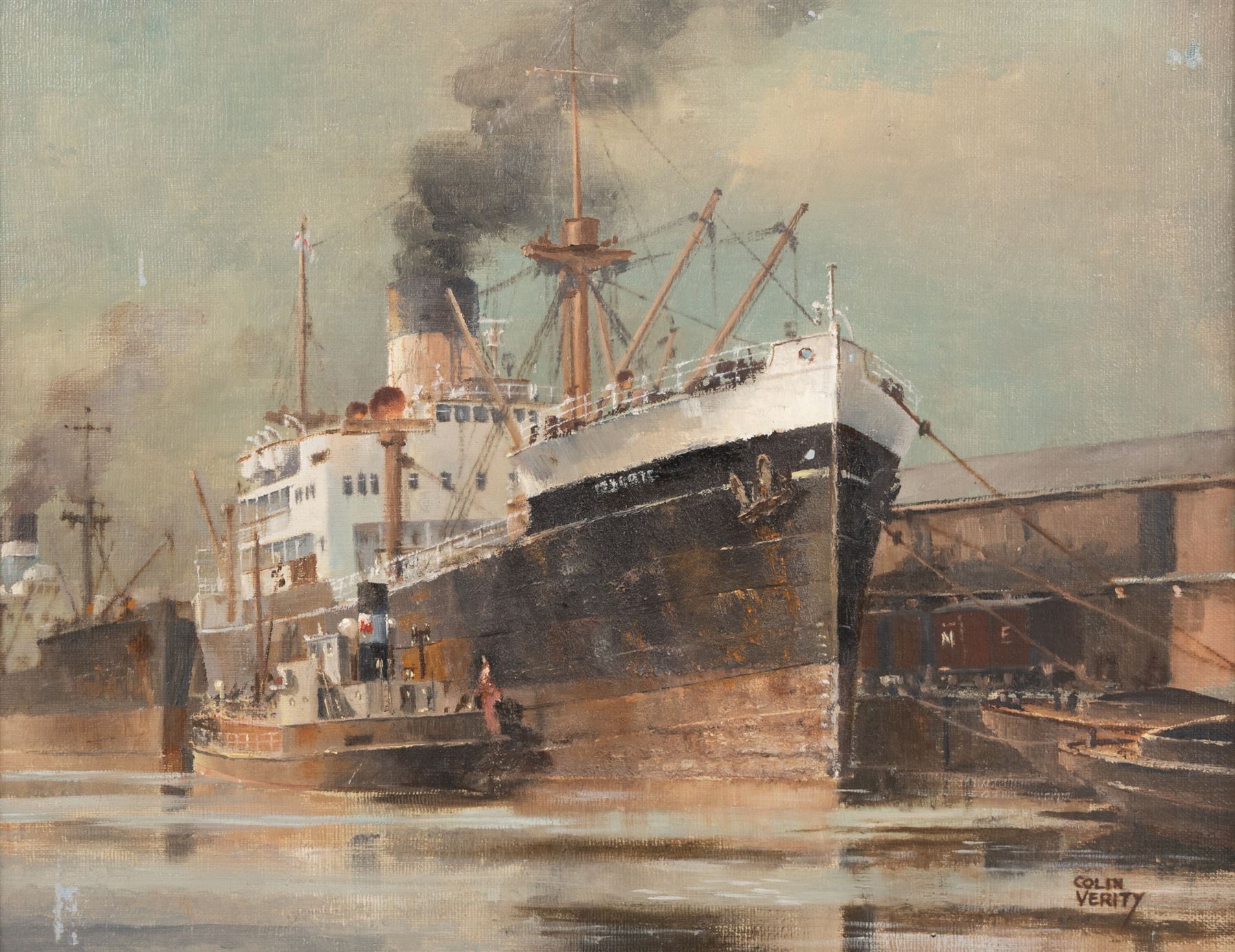 Colin Verity (British 1924-2011): 'Merchantmen at the Quayside', oil on board signed 24cm x 31cm