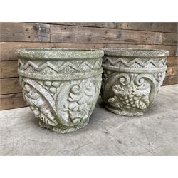 Pair of cast stone ornate circular planters