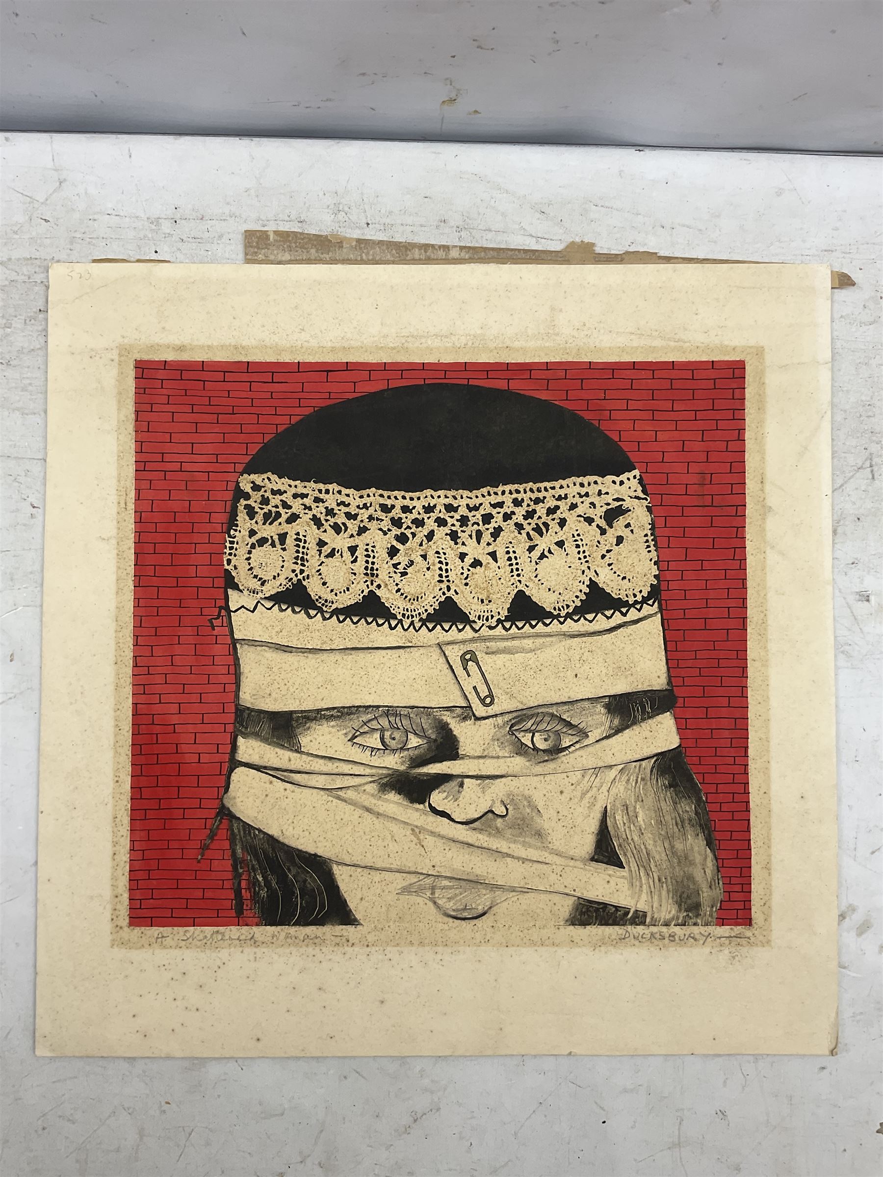 Sally Ducksbury (British 1934-): 'A Shetland Woman', gouache and pencil with scratching out signed and titled 30cm x 32cm (unframed)