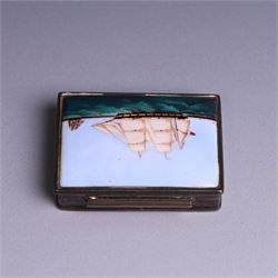 Modern silver box, with enamel plaque to hinged lid depicting a ship at full sail, stamped 925
