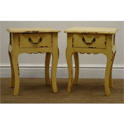  Pair small French style distressed painted wood stands with drawer, W35cm, H45cm  