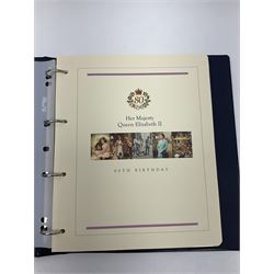 Stamp and coin covers, including 2006 'Her Majesty Queen Elizabeth II 80th Birthday' containing five pounds coin, first day covers relating to Diana Princess of Wales etc, housed in a ring binder folder