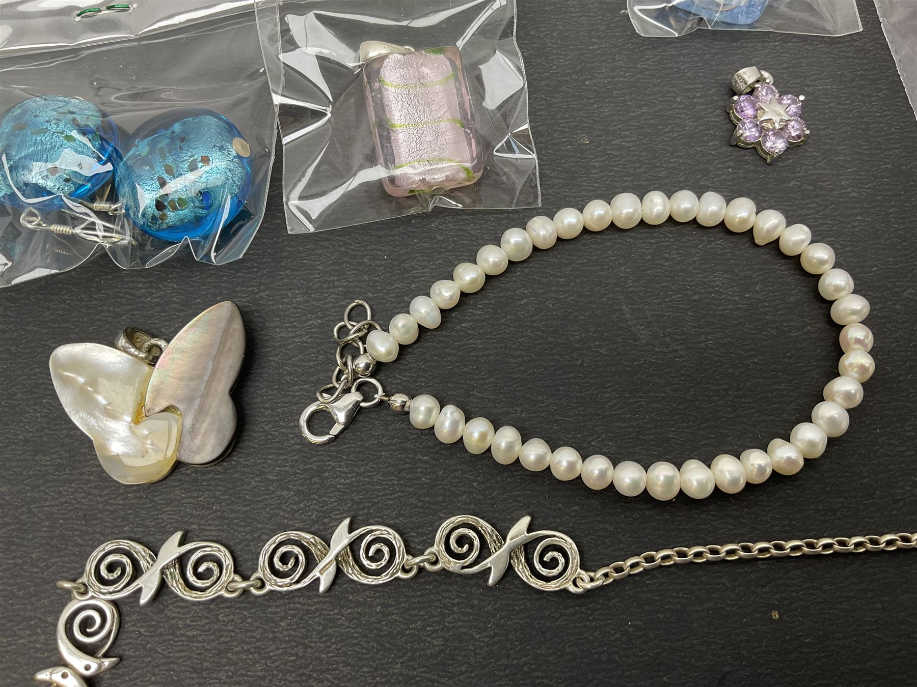 Ola Gorie silver spiral design necklace, hallmarked, together with a collection of beaded silver jewellery 