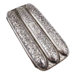 Edwardian silver cigar case, with three cigar chambers engraved with foliate and C scroll decoration, engraved with initial to hinged cover, opening to reveal a gilt interior, hallmarked Joseph Gloster Ltd, Birmingham 1902, H13cm