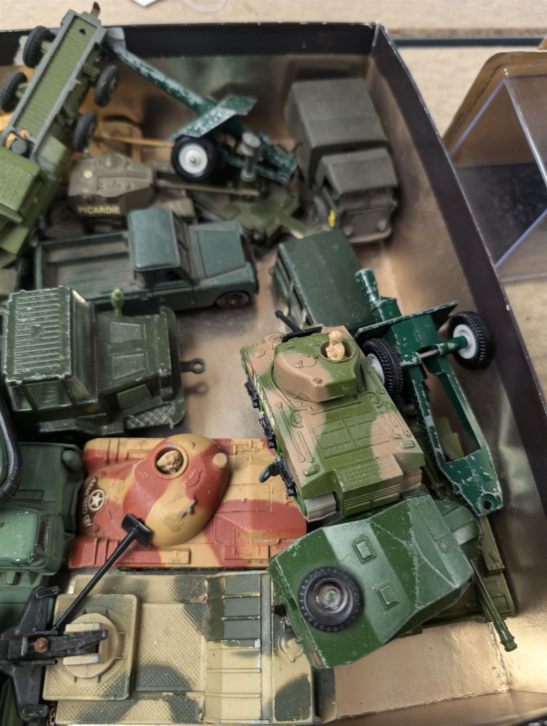 Collection of diecast military vehicles, including Dinky, Matchbox and Solido examples, mostly unboxed tanks