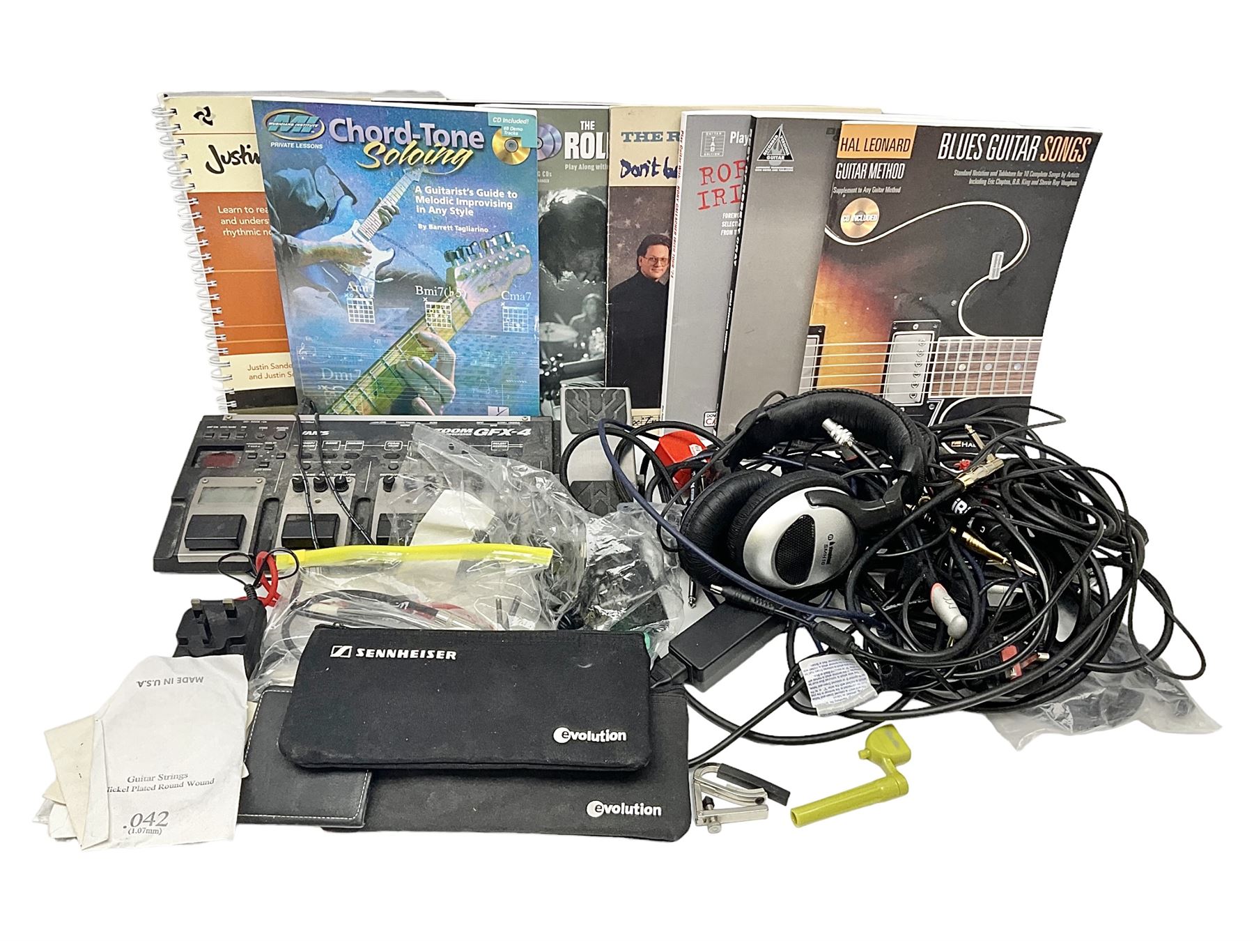 Zoom GFX-4 Guitar Effects processor; quantity of assorted cables; tremolo arms; plectrum wallet; Steepletone SMH10 earphones etc