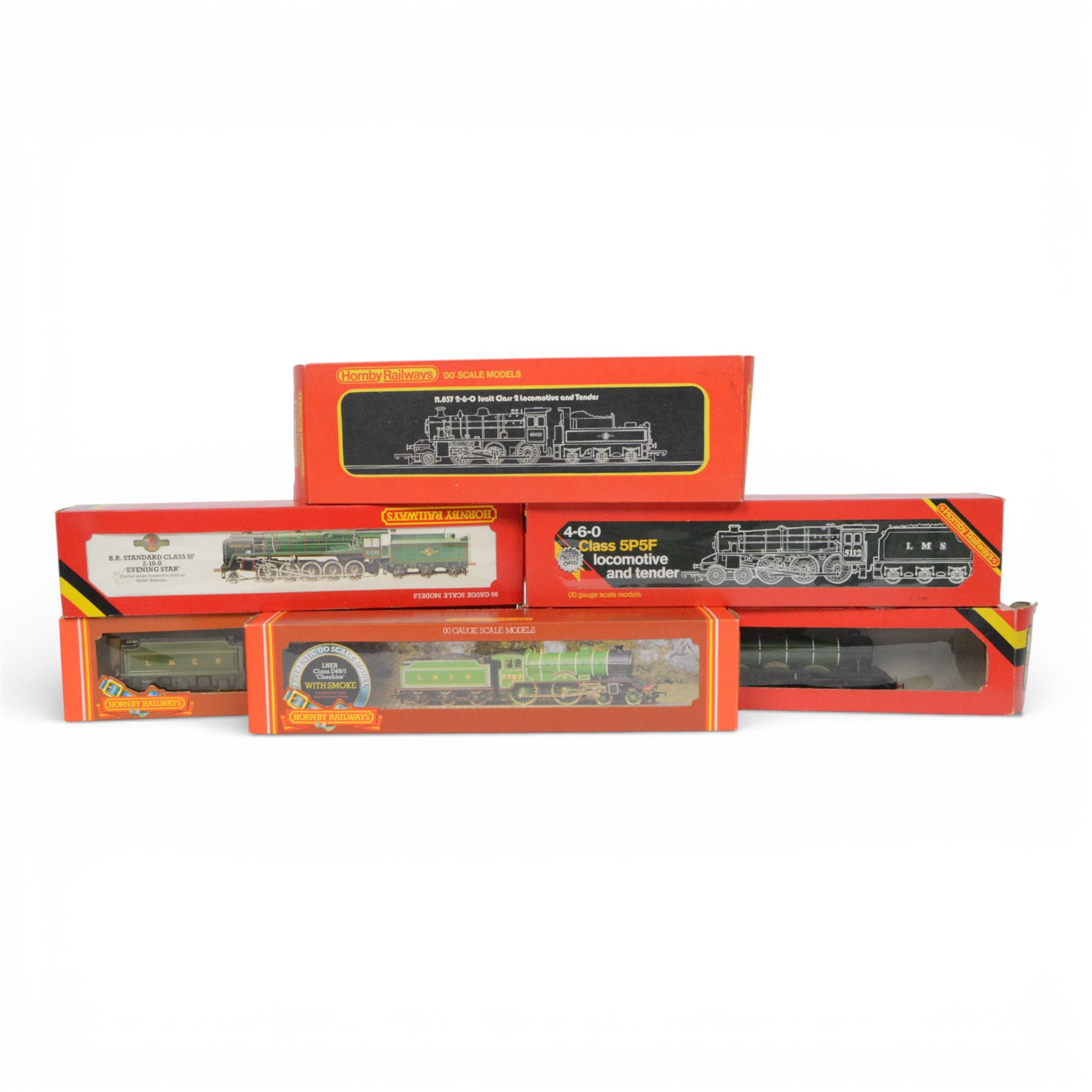 Six Hornby 00 gauge locomotives, comprising R378 LNER  Class D49/1 'Cheshire' no. 2753, R859 LNER 4-4-0 'The Fitzwilliam' no. 359, R061 LMS Class 5P5F Black Five 4-6-0 no. 5112, R857 BR Class 2 Ivatt 2-6-0 no. 4600, R845 LNER 'Flying Scotsman' no. 4472 and R065 BR Class 9F 2-10-0 'Evening Star', all boxed