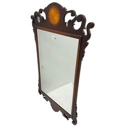 Georgian design mahogany fretwork wall mirror, decorated with inlaid fan motif to pediment, bevelled mirror plate