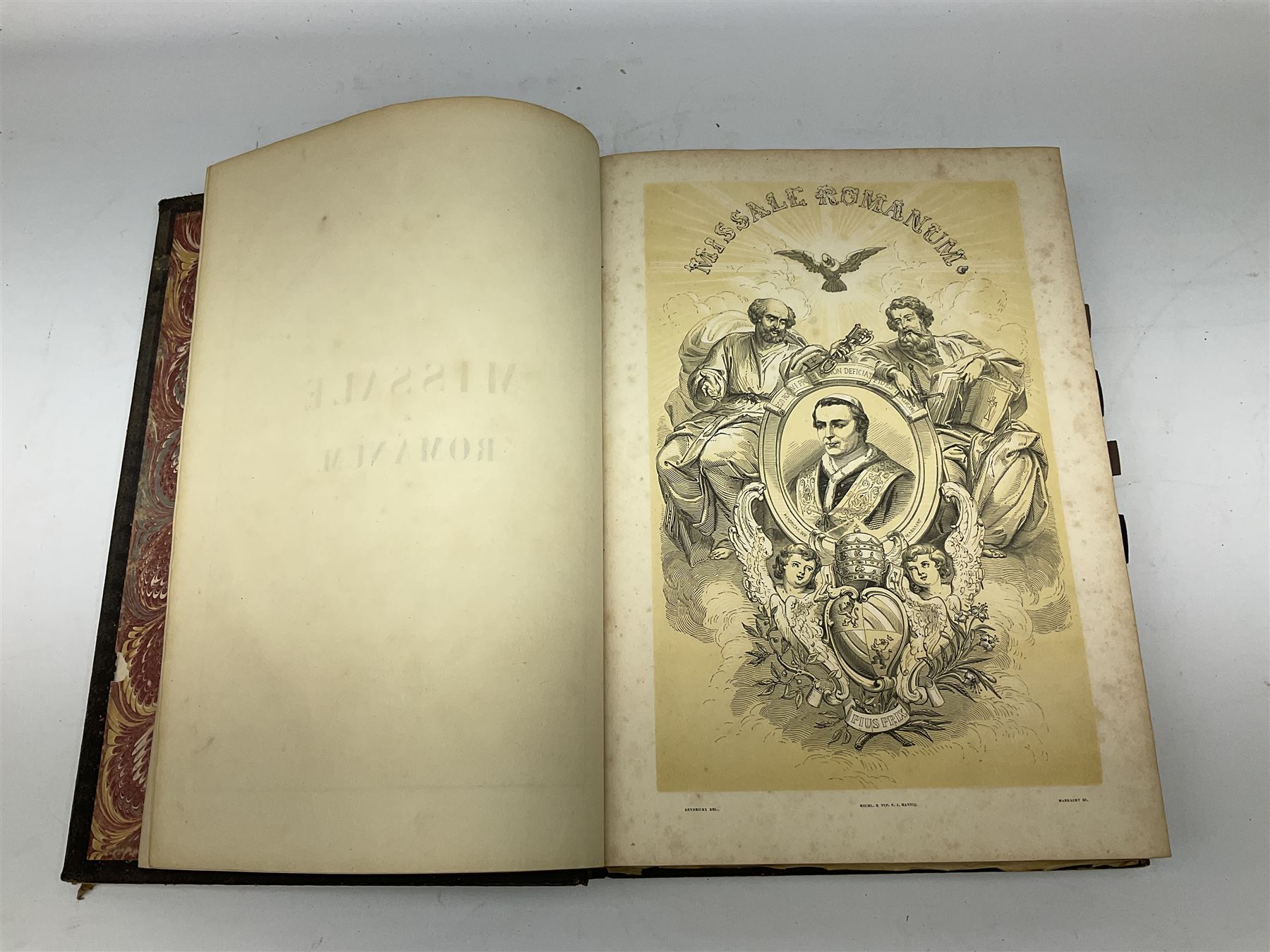 Six 19th century leather bound books of music comprising Graduale Juxta Missale Romanum and Antiphonarium Romanum. Both 1828 Divione; Graduel Romain and Psautier Romain. Both 1859 Digne/Paris; Graduel Romain. 1872 Marseille; and Missale Romanum. 1853 Mechliniae (6)