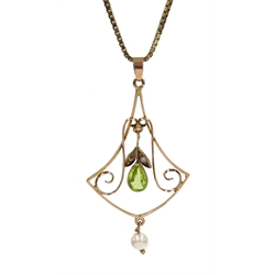  Edwardian peridot and pearl necklace stamped 9ct makers marks N M on box link chain necklace hallmarked 9ct   