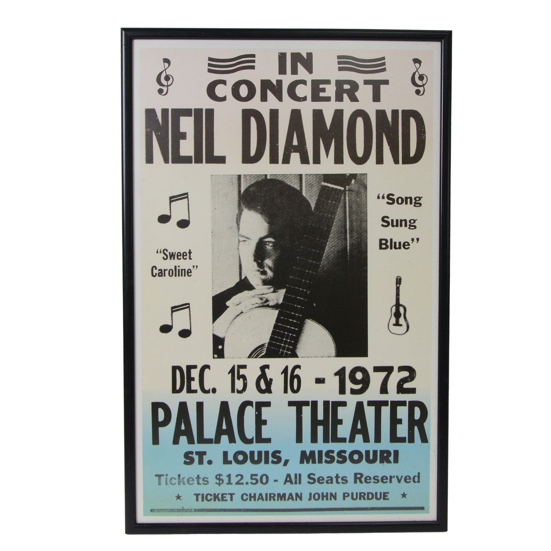 Neil Diamond tour memorabilia, including five t-shirts, cap, programmes, calendar and biography, together with a Neil Diamond In Concert poster, framed
