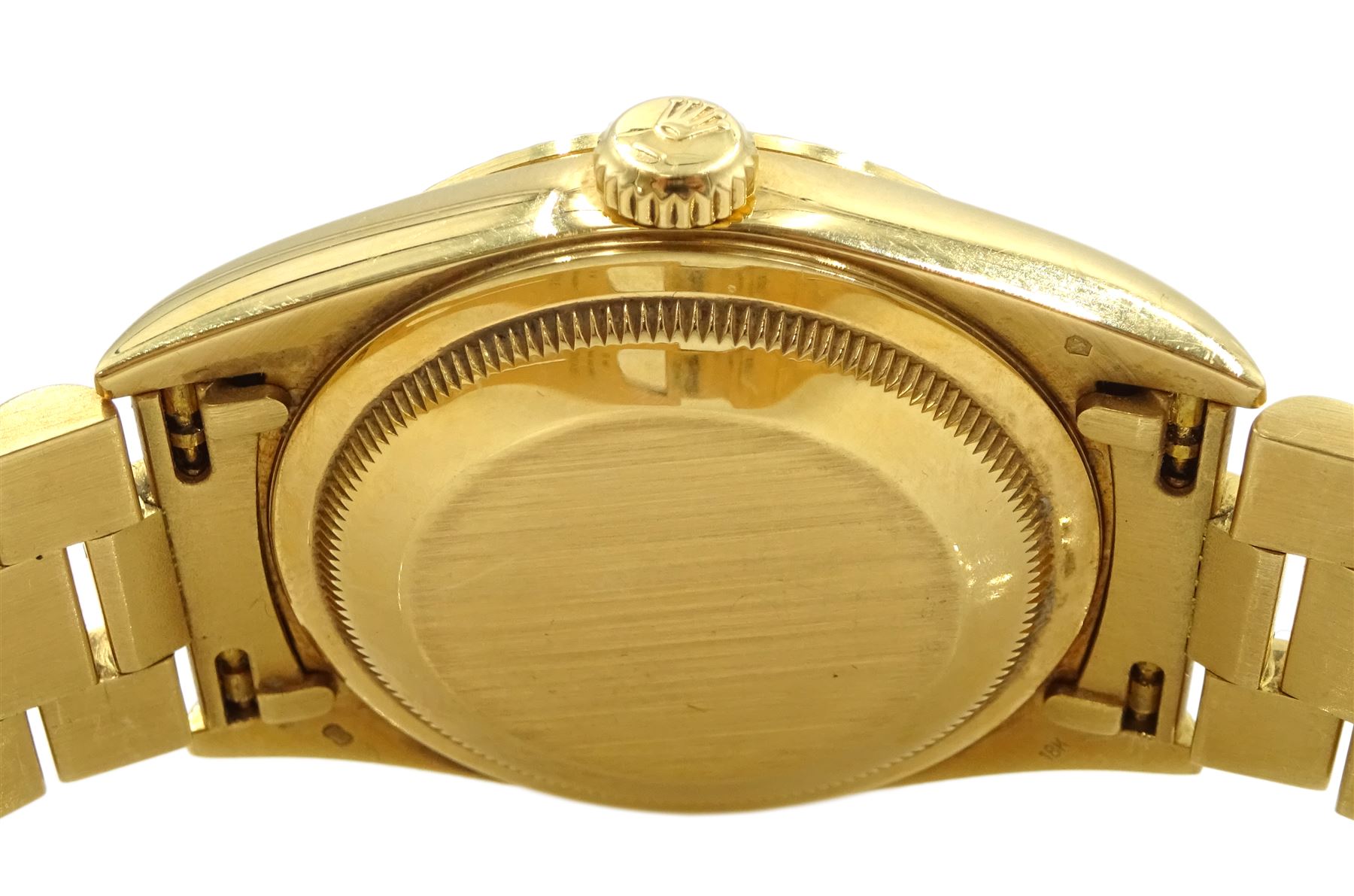 Rolex Oyster Perpetual Day-Date gentleman's 18ct gold wristwatch, circa 1996, Ref. 18238, serial No. T276856, cream pyramid Roman dial, on 18ct gold Presidential bracelet with fold-over clasp