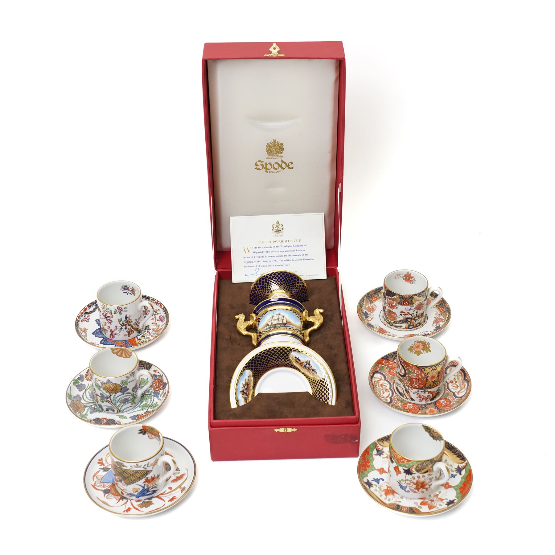 Spode 'The Shipwright's Cup' limited edition covered cup, boxed, together with a set of six Spode Imari Collection coffee cans and saucers