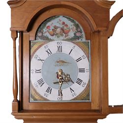 30-hour, 19th-century provincial pine weight-driven longcase clock, with a swan neck pediment, arched hood door with shaped columns with a long door with a shaped top on a square plinth with a shaped base, painted arched dial decorated with fruit and birds and patera decorated spandrels, brass hands, Roman numerals and minute track, dial pined to a chain driven countwheel striking movement, striking the hours on a bell, with a pendulum, back feet missing