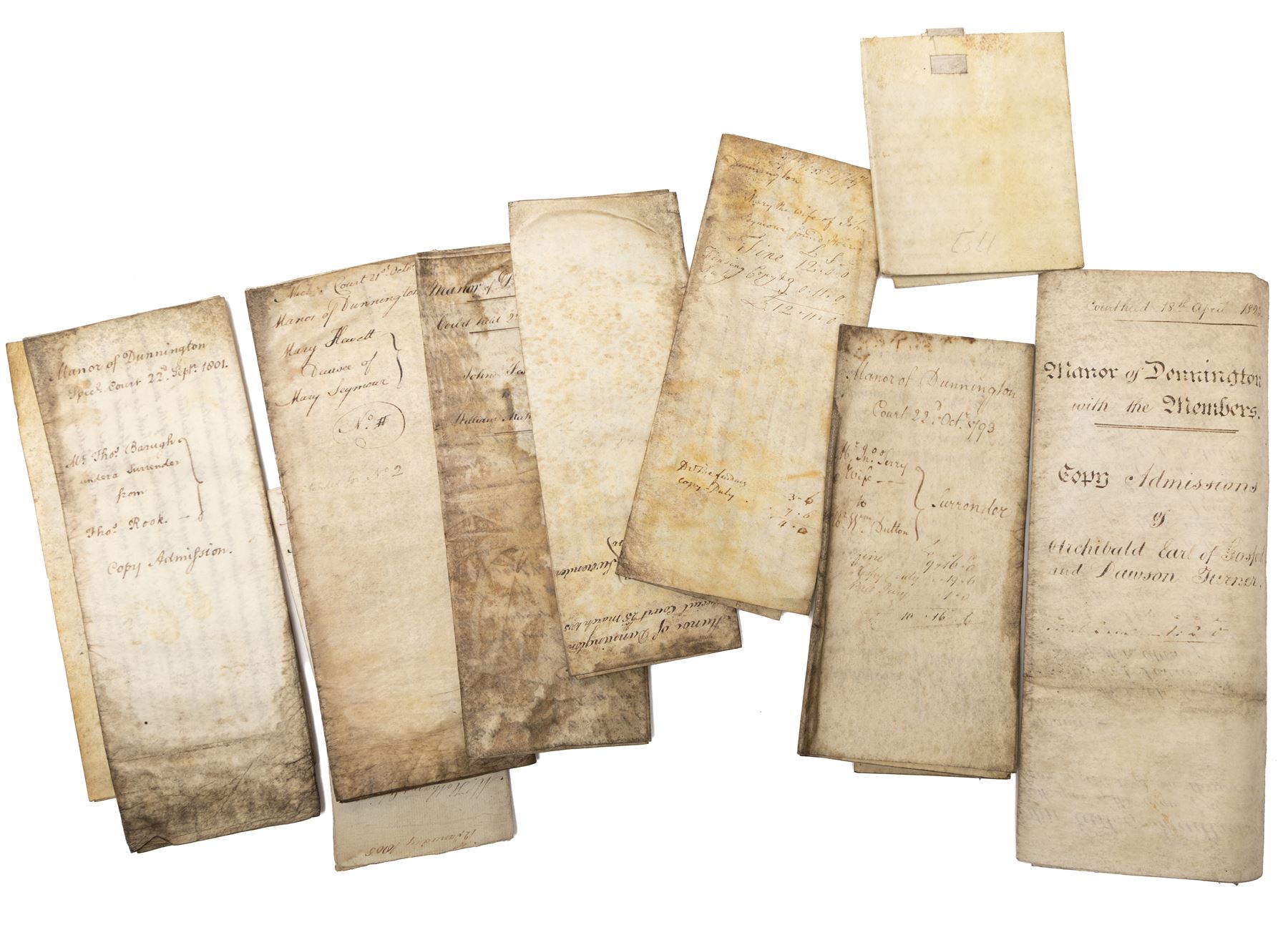 Yorkshire manorial interest - collection of 18th and 19th century vellum and paper court copyhold, admittance, surrender and lease documents relating to the Manor of Dunnington and Dunnington Hall, the Manor of Riccall with Newbald and Cawthorpe, and the Manor of North Duffield with the Members, together with similar documents for Warthorpe Hall, Allerthorpe Hall, Murton and surrounding areas, many retaining original seals, in one box