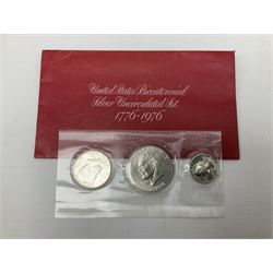 Great British and World coins, including Canadian 1975 dollar, United States of America 1975 proof set and bicentennial silver uncirculated set 1776-1976, Queen Elizabeth II Gibraltar 1977 sterling silver proof twenty-five pence, cased with certificate, New Zealand 1979seven coin set in blue wallet,  GB pre-decimal coins etc