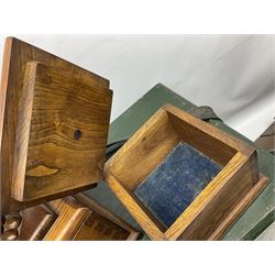 Green painted fishing box, jewellery box and two wood oak trinket boxes and wooden coal box