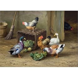 Edgar Hunt (British 1876-1953): Ducks and Chickens in the Farmyard, oil on canvas signed and dated 1924, 28cm x 38cm 
Provenance: purchased by the vendor from Rowles Fine Art, Ludlow, label verso