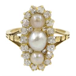 19th century gold diamond and pearl ring, three pearls in a foil backing, with old cut diamond surround