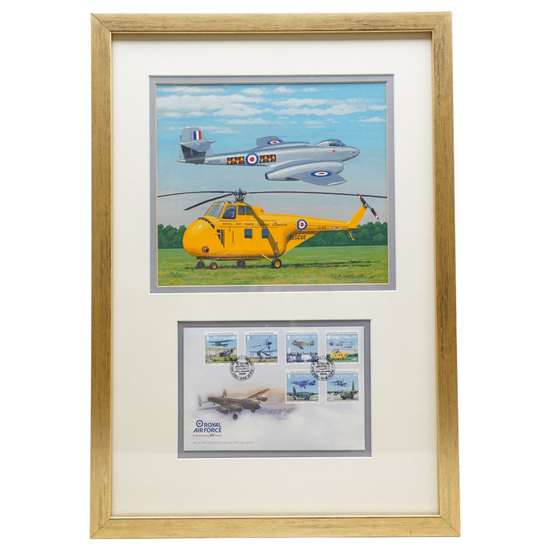 Keith Woodcock (British Contemporary): 'Gloster Meteor and Westfield Whirlwind', gouache signed for set of six stamps pub. Isle of Man Post office, framed together with the RAF First Day Covers 23cm x 26cm