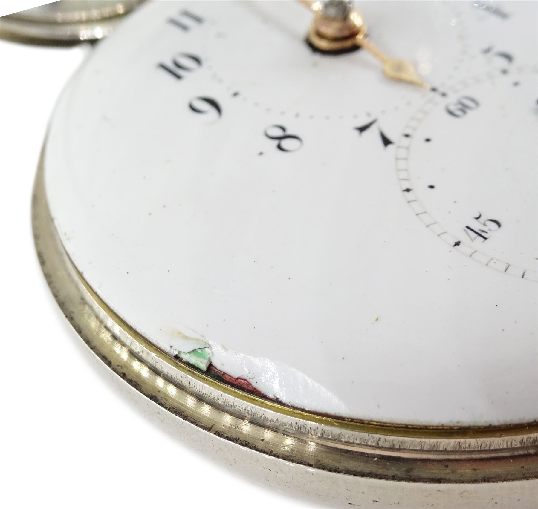 George III silver pair cased verge fusee doctors pocket watch by Charles Vincent, London, No. 393, round pillars, engraved balance cock decorated with a mask, stop/work lever, two intersecting dials with Arabic numerals, case makers mark I C, London 1802