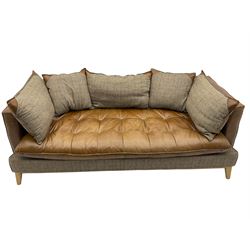 Harris Tweed - Large sofa upholstered in tan leather and tweed fabric, oak frame and legs