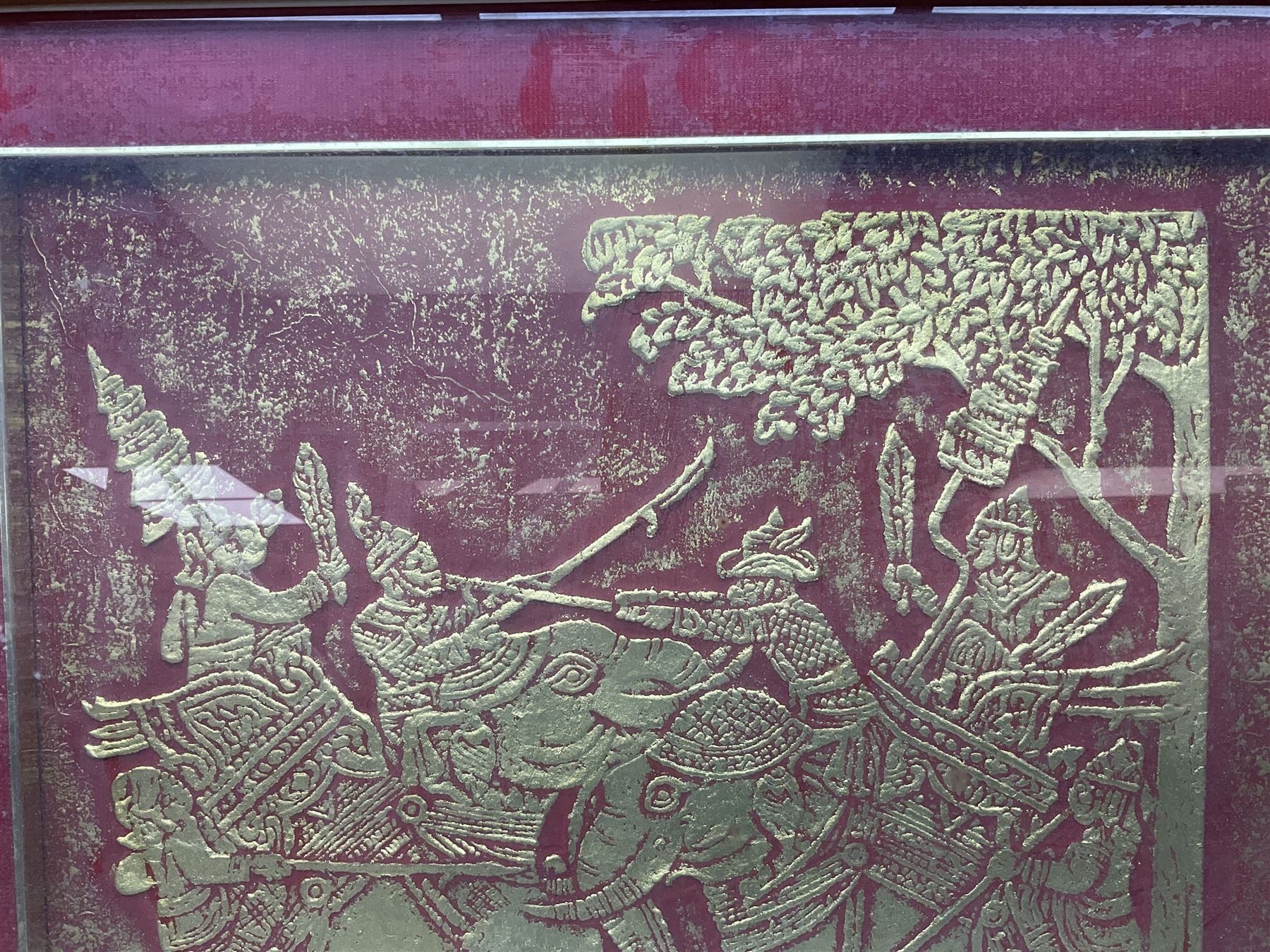 Red and gold textured picture of an Indian procession with elephants 49cm x 47cm