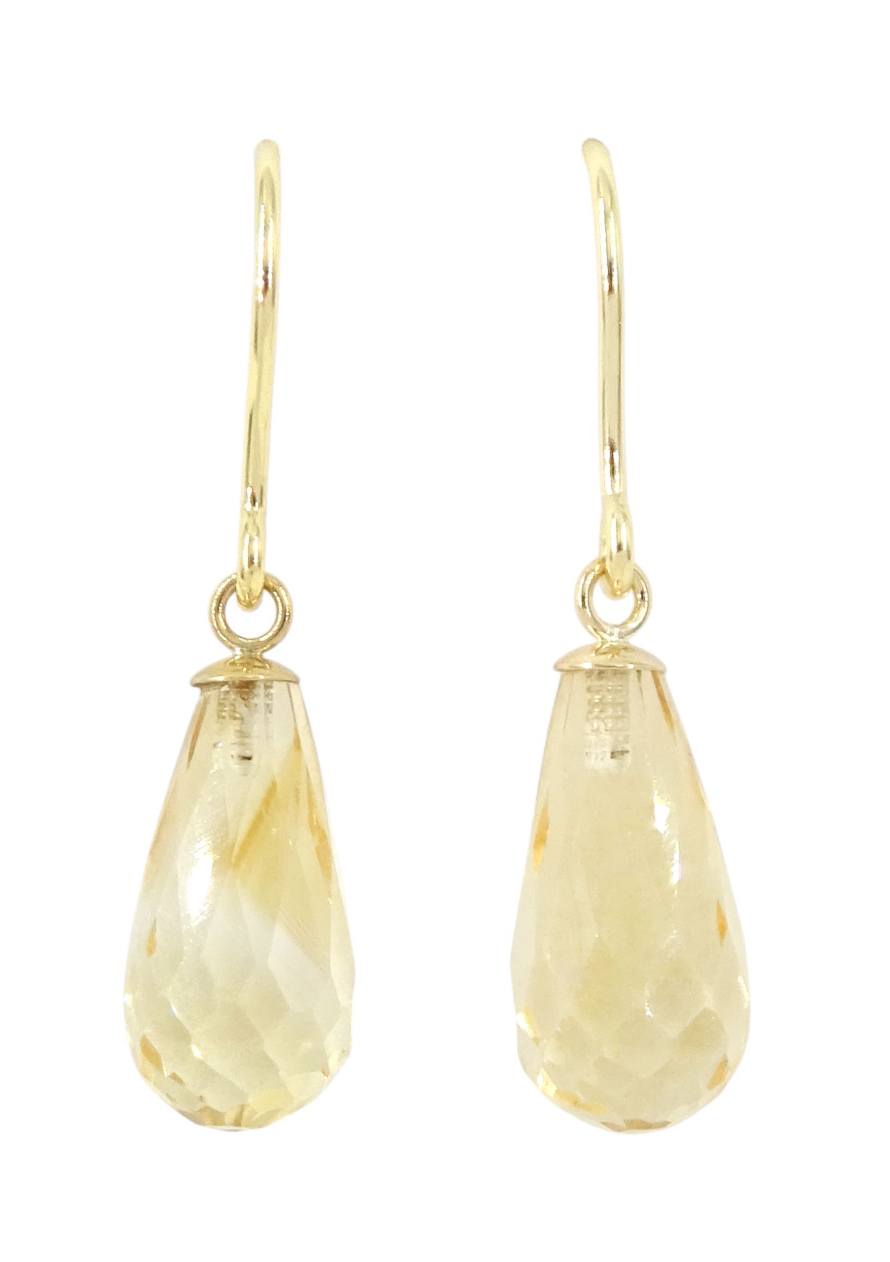Pair 9ct gold briolite cut citrine pendant earrings, stamped 375