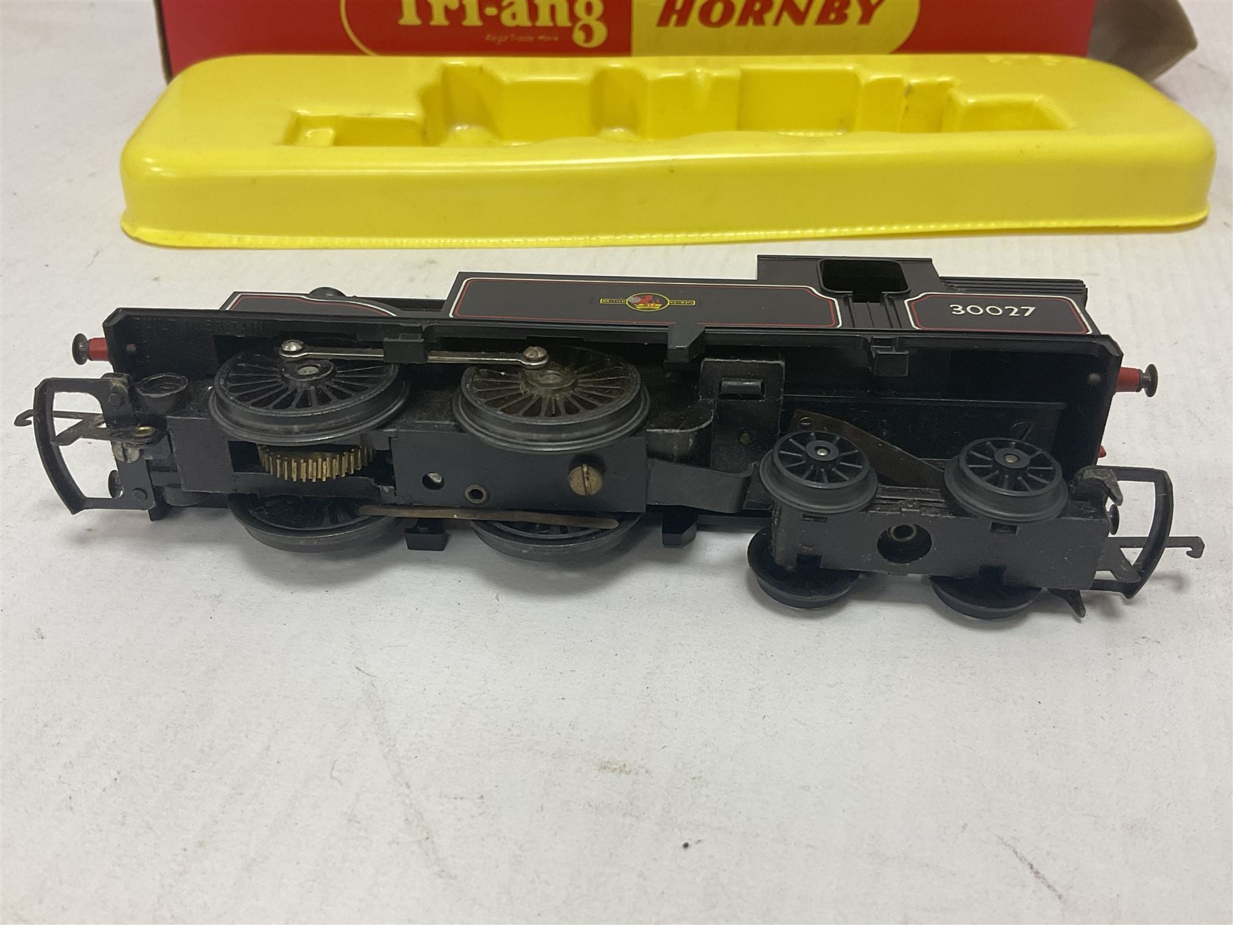 Hornby/Tri-Ang ‘00’ gauge - nine locomotives to include Britannia Class ‘Britannia’ 4-6-2 no.70000 in BR green; Class M7 4-4-0 Tank no.30027 in BR black; Princess Class ‘Princess Victoria’ 4-6-2 no.46205 in BR black; in original boxes; further loose models Princess Class ‘Princess Elizabeth’ 4-6-2 no.46201 in BR green; Class 3F 0-6-0 tank no.7606 in LMS crimson; TR double ended diesel locomotive; three further tank locomotives and one loose tender (10) 