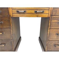 Early 20th century mahogany twin pedestal desk, fitted with nine drawers, inset writing surface