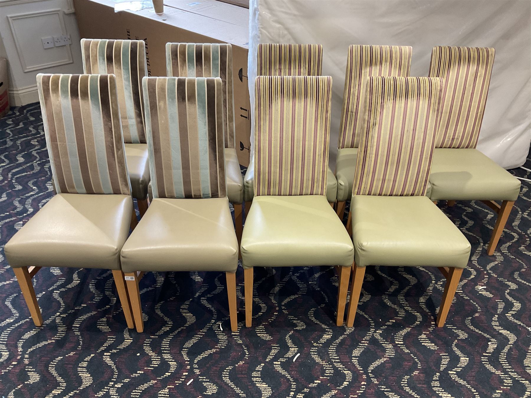 Nine high back dining chairs, cream and lime seats- LOT SUBJECT TO VAT ON THE HAMMER PRICE - To be collected by appointment from The Ambassador Hotel, 36-38 Esplanade, Scarborough YO11 2AY. ALL GOODS MUST BE REMOVED BY WEDNESDAY 15TH JUNE.