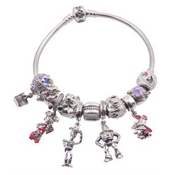 Silver Pandora bracelet with nine Disney Pandora charms including Minnie Mouse, the house with balloons from 'Up', and characters from 'Toy Story', 'Beauty and the Beast', 'Frozen', 'The Lion King' and 'Winnie the Pooh', with two other silver Pandora charms and Pandora box