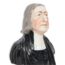 19th century Staffordshire Enoch Wood pottery bust, The Reverend John Wesley, mounted on a shaped marbleised plinth, with inset plaque to reverse, H30cm