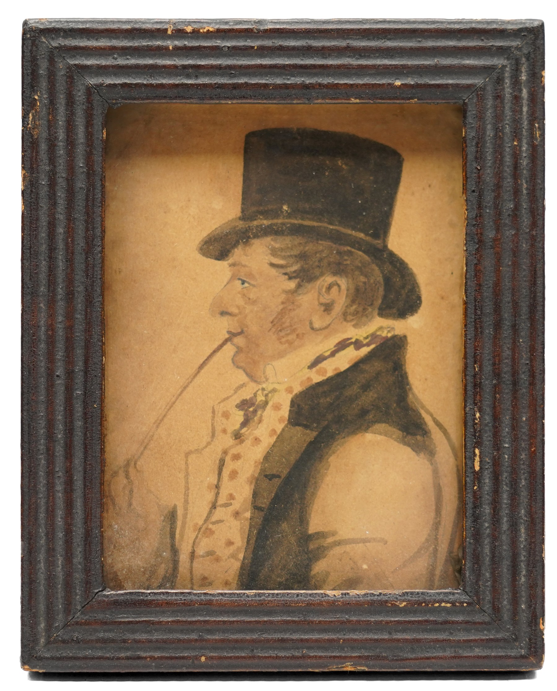 English School (19th century): Profile Portrait of a Regency Man in a Patterned Cravat, watercolour, inscribed 1833 J W Gregory Pointer London beneath the frame verso 9cm x 6.5cm