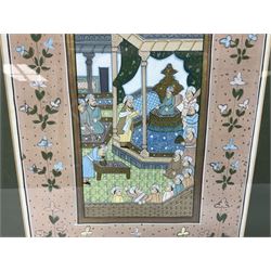 Mughal School (20th century): Subjects Bowing to Emperor, painting on fabric with flower border 32cm x 23cm