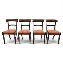 Set of eight 20th century solid rosewood dining chairs, upholstered drop in seats, on oak stretchers, made by Gott's of Pickering and T Feetam of Hull, stamped on all chairs, seat height 47cm