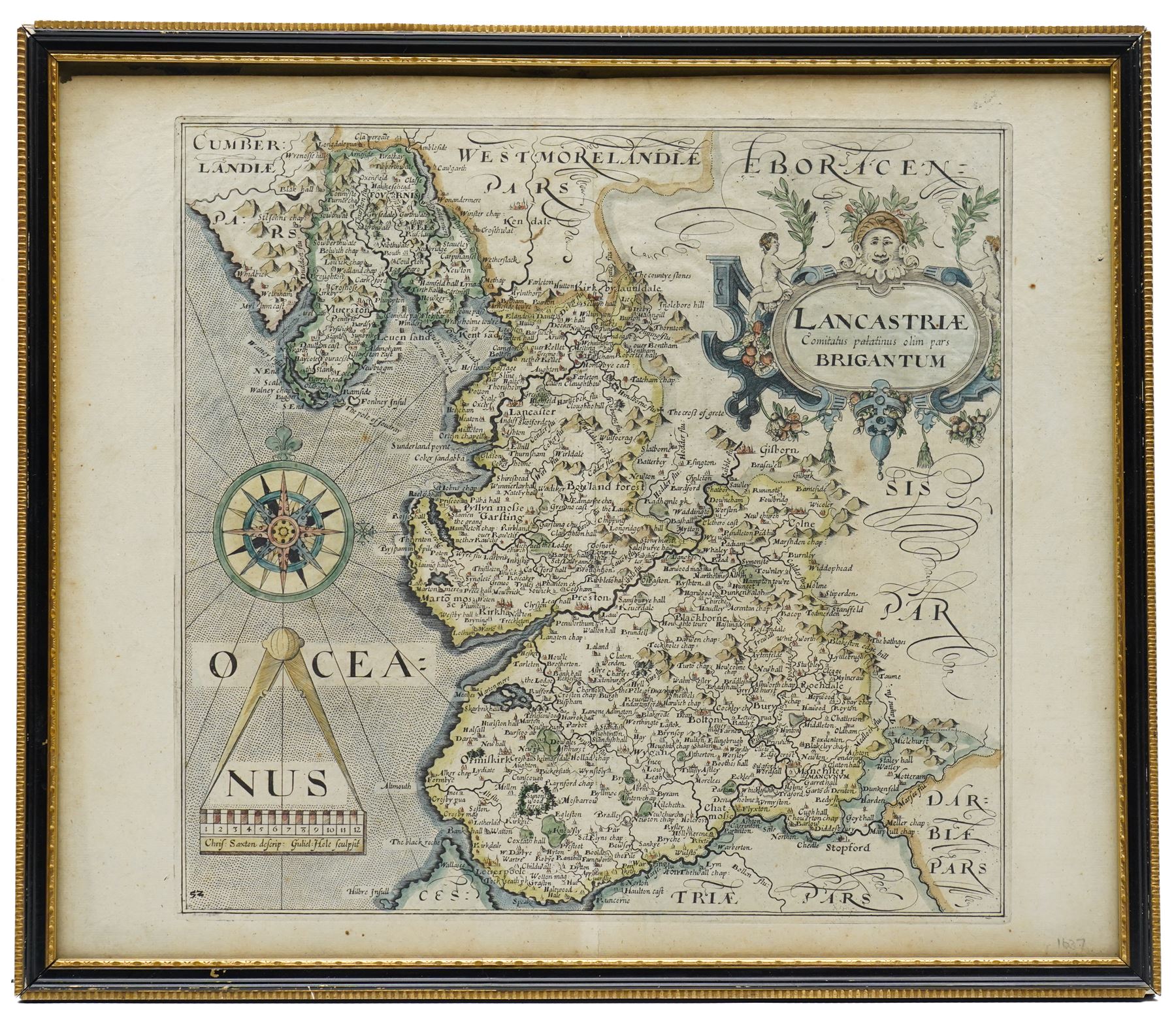 Gulielmus Hole (British ?-1624) and Christopher Saxton (British 1540-1610): 'Lancastriae Comitatus palatinus olim pars Brigantum', 17th century engraved map with hand-colouring of Lancaster 33cm x 39cm