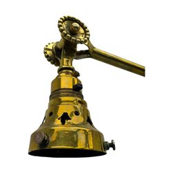 Early 20th century brass adjustable floor lamp, Royal Doulton decorative ceramic base embellished with raised floral and scroll patterns, stamped, brass column and adjustable arms terminating in brass bulb holder