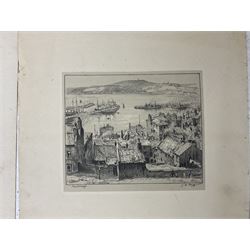 John W King (British fl.1893-1924): 'The Castle Hill - Scarborough', 'Scarborough' from Castle Dykes and 'York Minster, three monochrome prints 14cm x 18cm (unframed) and an abstract collage painting 21cm x 21cm (4)