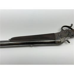 Rare Henry Pieper Liege seven-chambered solid barrel 297/30 calibre rim-fire volley gun with six barrels around a central seventh barrel drilled for simultaneous fire, built on a Remington type rolling block action, blued 62cm barrel with raised rib and twin rear leaf sights, case hardened action complete with loading plate for seven cartridges, walnut stock with chequered pistol grip and fore-end and inset 'silver' cartouche with two Chinese type characters, no.256PLN, L109cm overall