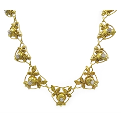  French Art Nouveau 18ct gold diamond set graduating floral necklace, hallmarked  