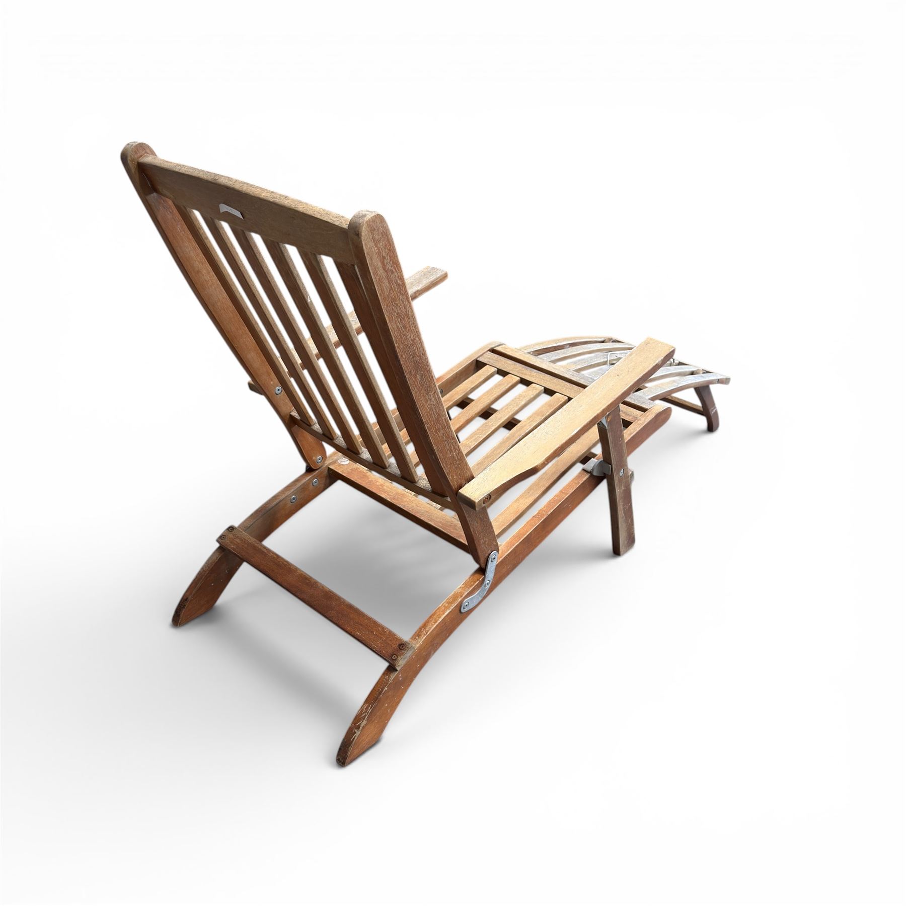 Pair of teak folding steamer chairs, with slatted backs, seats and extending footrests, adjustable recline.