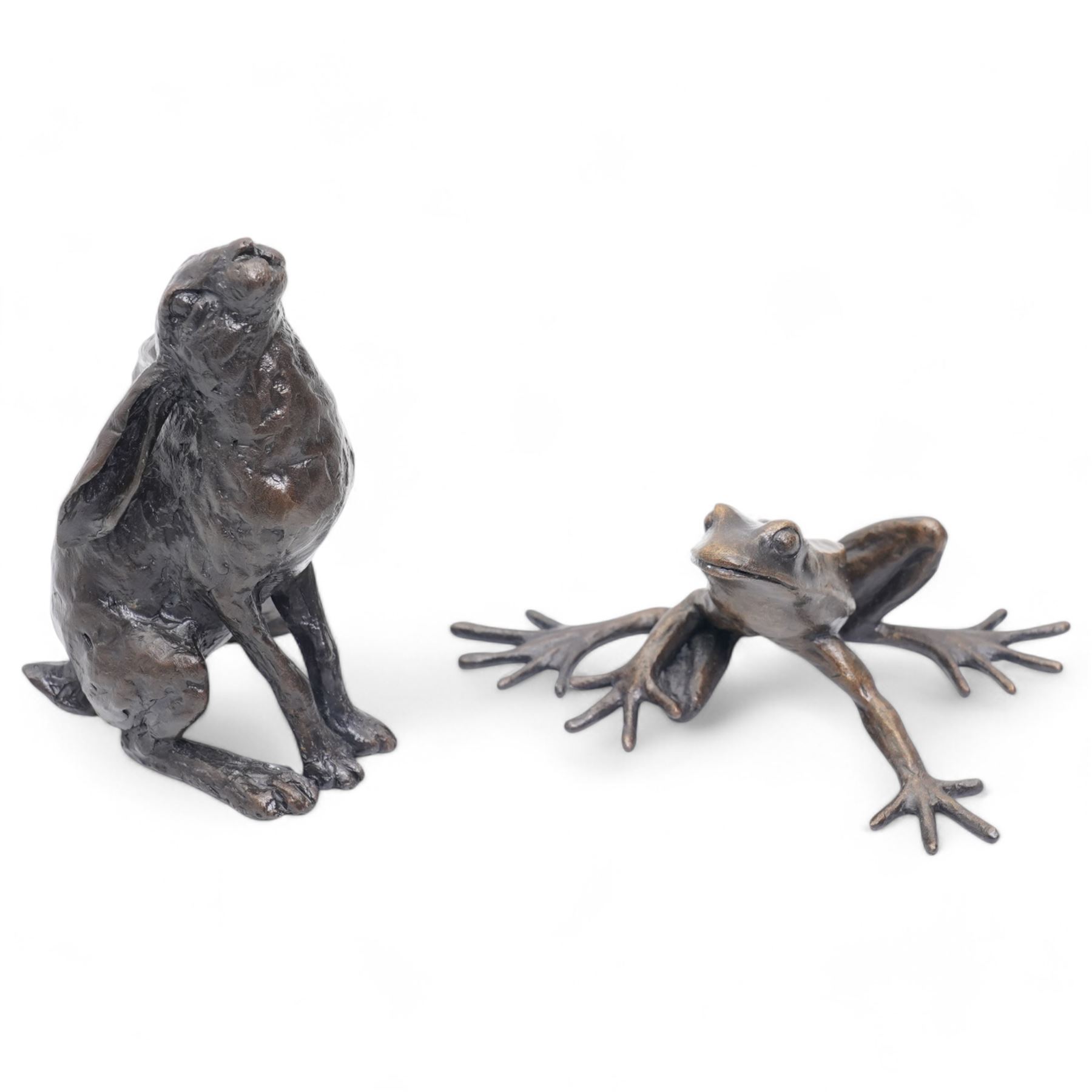 Michael Simpson (British Contemporary); Hare and Frog, two limited edition bronzes, monogrammed and numbered 99/150 and 94/150 to base, tallest H9cm (2)