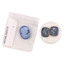 Blue agate cameo depicting a young girl and two haematite warrior intaglios, largest H21mm