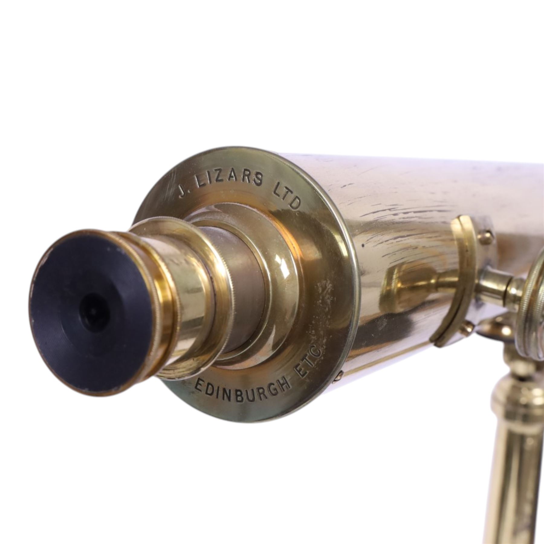 Brass telescope inscribed J.Lizars Glasgow & Edinburgh, with a library tripod and a larger wooden tripod, two spare eyepieces and original box